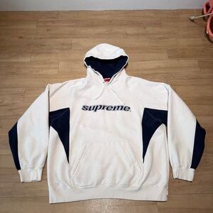 Supreme White and Navy Paneled Logo Hoodie